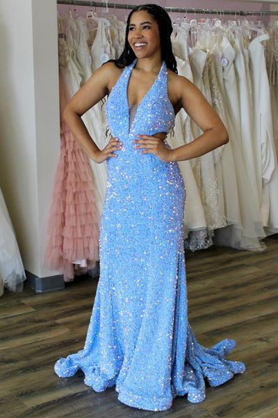 Blue Iridescent Sequin Halter Trumpet Long Prom Dress MD121202