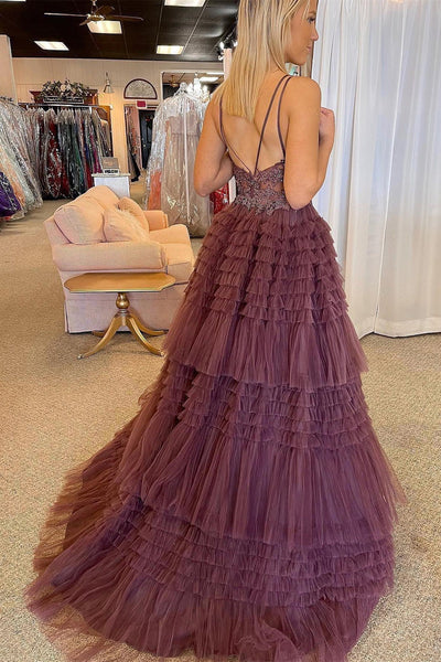 High-Low Tulle Plunge V Tiered Formal Gown with Ruffles MD103005