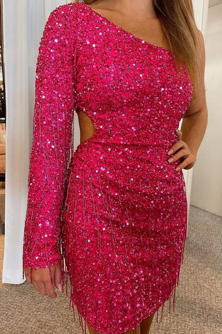 Fuchsia Keyhole Sequins One Shoulder Homecoming Dress MD101002