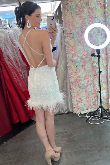 White Sequins Halter Keyhole Mini Party Dress MD092006