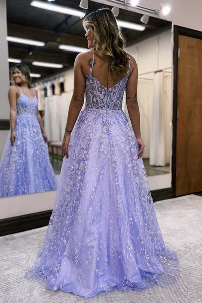 A-Line V Neck Lilac Corset Long Prom Dresses with Appliques MD103106