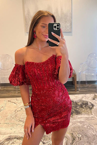 Cute Bodycon Strapless Red Sequins Short Homecoming Dresses MD0802803