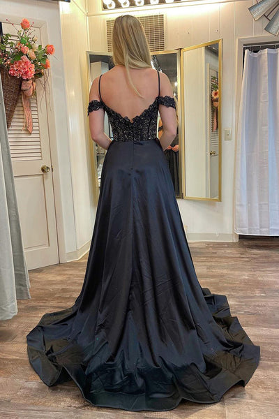Black Cold Shoulder Satin Long Prom Dresses with Pockets MD4011903