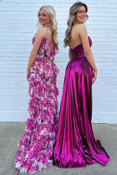 Pink Floral Printed Ruffle Mermaid Long Prom Dresses MD4030901
