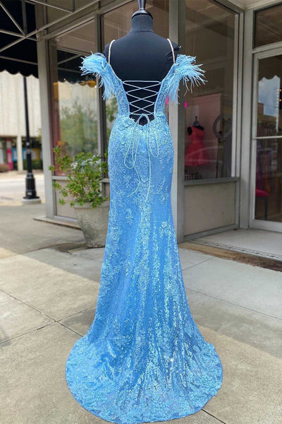 Blue Sequin Appliques Cold-Shoulder Long Prom Gown with Slit MD092709