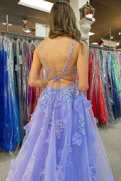 Lavender V Neck Sequin Lace A-Line Long Prom Dress with Pockets MD4010907