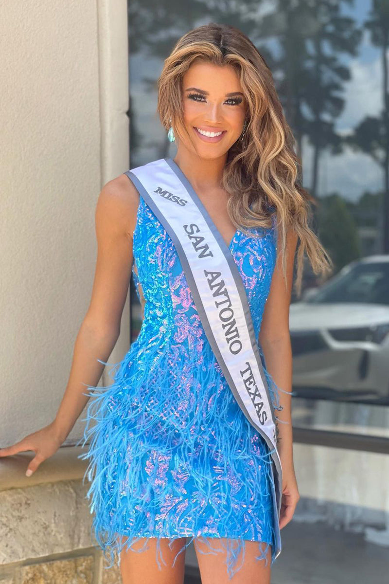 Cute Bodycon V Neck Lace Blue Sequins Short Homecoming Dress with Feather  MD090201 – Dressmeet