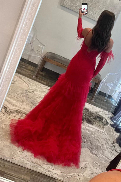 Red Lace One-Shoulder Tiered Mermaid Long Prom Dress MD092410