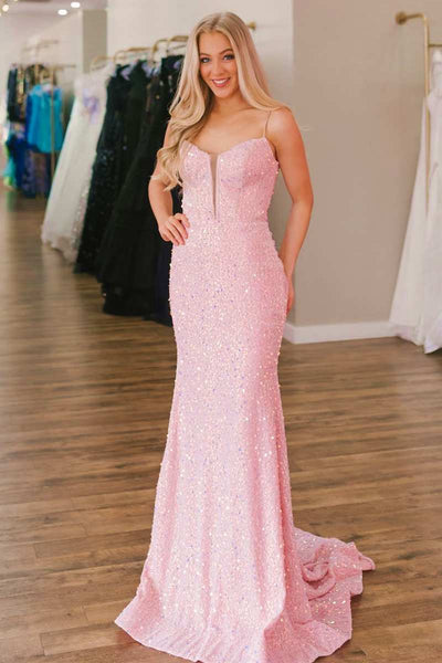 Pink Sequin Split Neck Mermaid Long Prom Dress MD092610