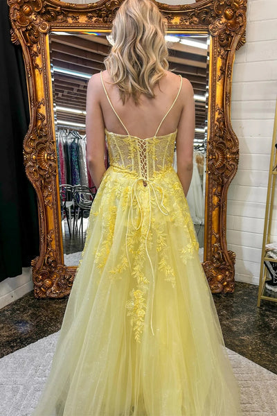 Yellow Floral Spaghetti Straps A-line Long Prom Dress MD121307