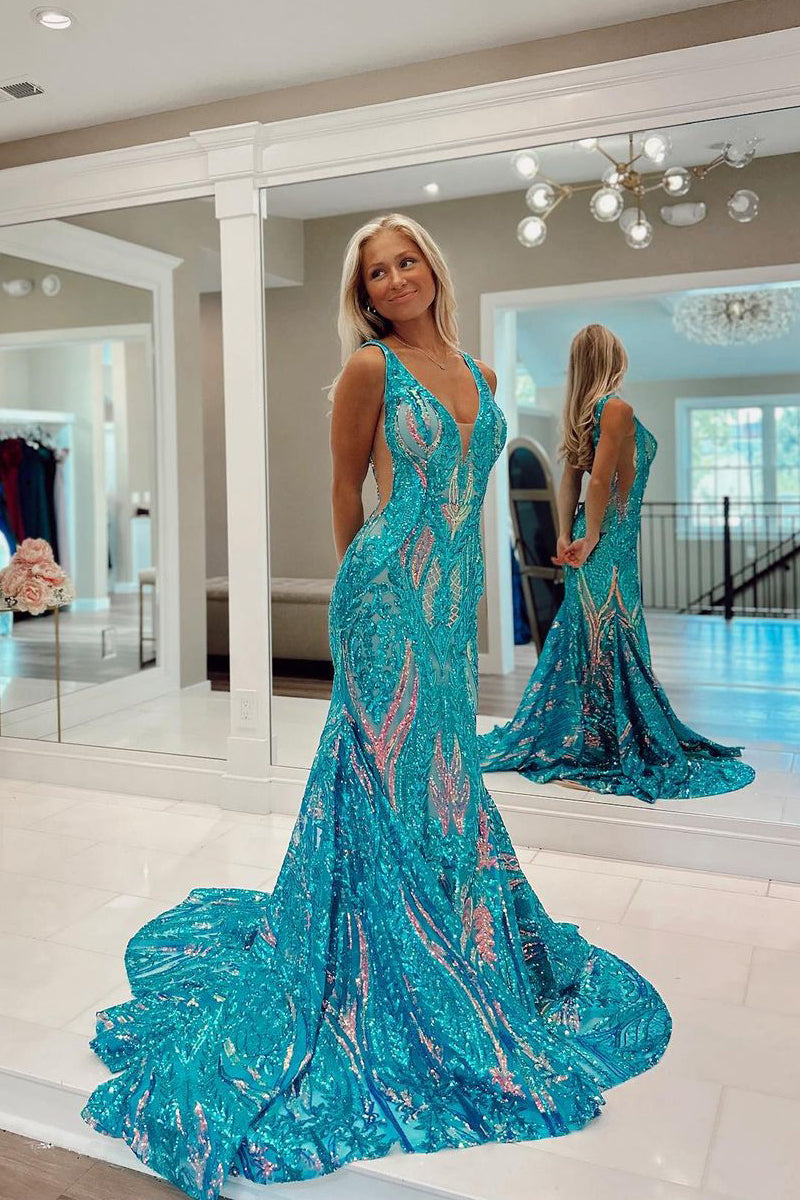 Orange Sparkly Mermaid V Neck Sequins Prom Dresses with Appliques,DP723