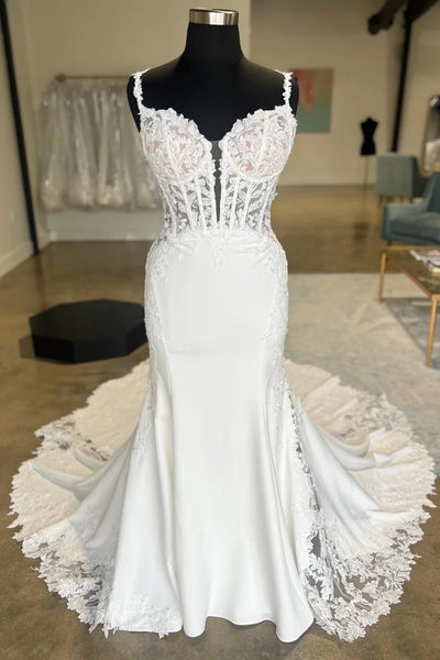 Elegant Sheath Sweetheart Elastic Satin Long Wedding Dresses with Appliques DM24101910