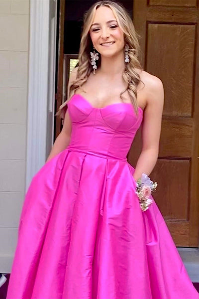 Fuchsia Strapless Satin Sweeping Long Prom Dress MD103006