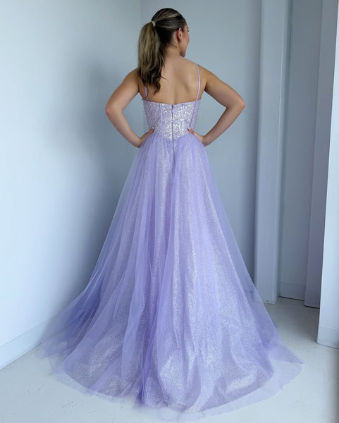 A-Line Sweetheart Lilac Sequins Tulle Long Prom Dresses DM25101602