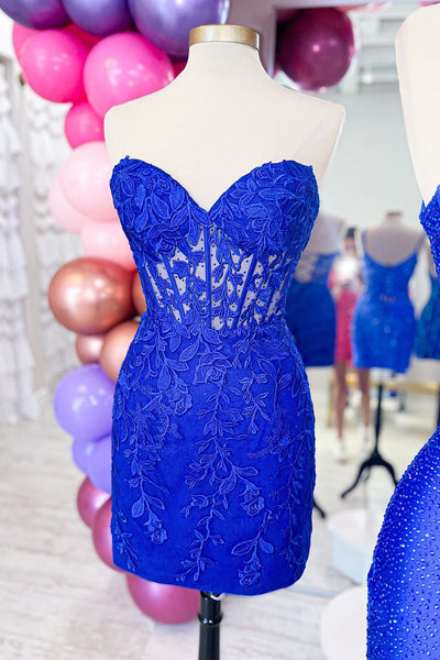 Cute Bodycon Sweetheart Dark Blue Lace Short Homecoming Dress with Beaded MD090208