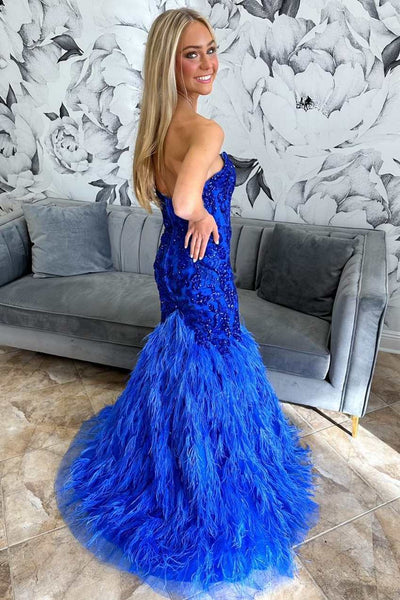 Royal Blue Feathers Beaded Strapless Trumpet Long Formal Gown MD093006