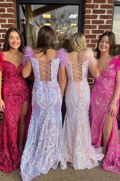 Off the Shoulder Sequins Lace Mermaid Long Prom Dress with Feather MD4010301