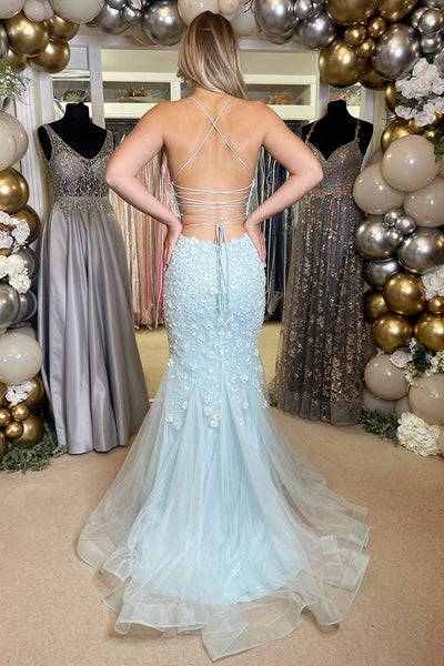 Light Blue Floral Appliques V-Neck Lace-Up Long Gown MD111803