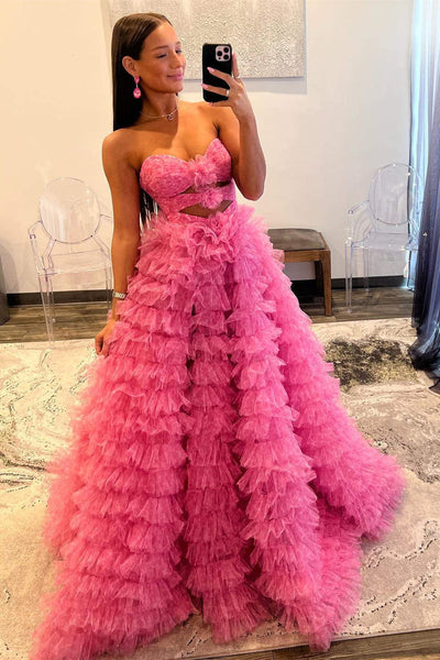 Strapless Hot Pink Keyhole Print Ruffle Tiered Prom Dress MD110309