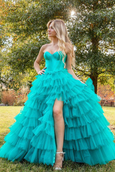 A-Line Strapless Turquoise Tulle Long Prom Dresses MD4012903