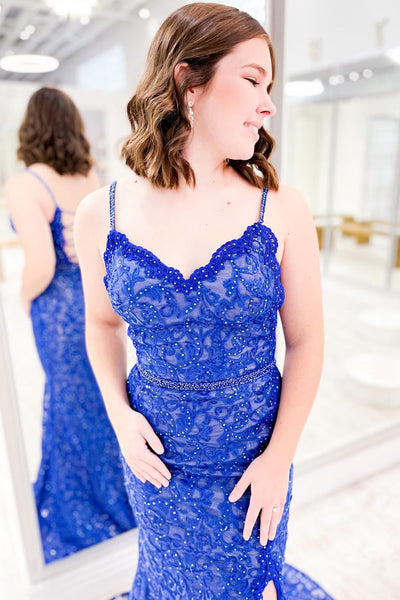 Royal Blue V Neck Lace Mermaid Long Prom Dress with Slit  MD4051101