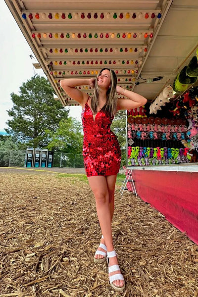 Red Bodycon V Neck Sequin Short Homecoming Dresses LD30802603