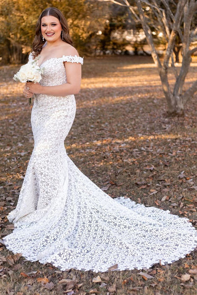 Charming Mermaid Off the Shoulder Lace Wedding Dresses DM24070702