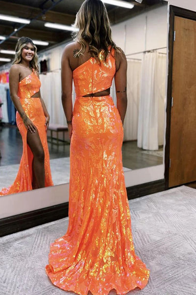 Sparkly Mermaid One Shoulder Orange Sequins Long Prom Evening Dresses with Slit LD30622901