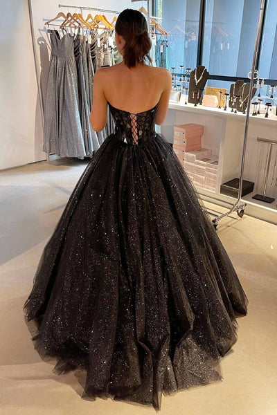 Princess Black Cut Glass Mirror Sweetheart A-Line Long Prom Gown MD092405