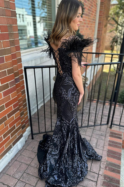 Black Sequin Lace Off the Shoulder Mermaid Long Prom Dresses MD112103