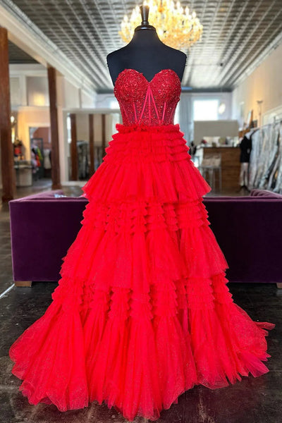 Sparkly Fuchsia Tulle Tiered Corset Long Prom Dress with Lace DM3082719