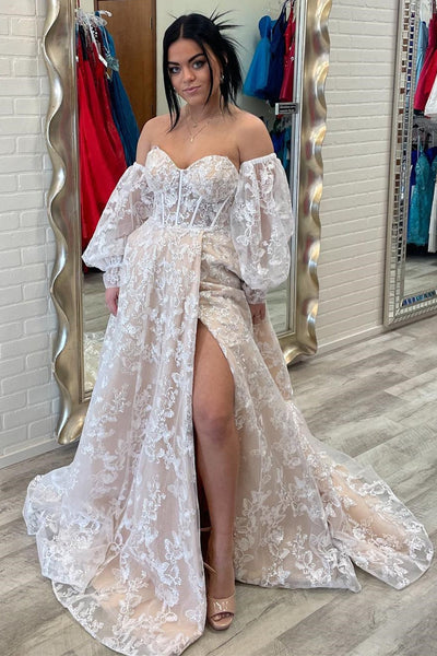 Sparkle Princess Lavender Bustier Puff Sleeve Lace Long Prom Gown MD092702