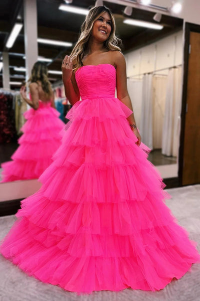 Hot Pink A-Line Strapless Tiered Tulle Long Prom Dress DM3082832