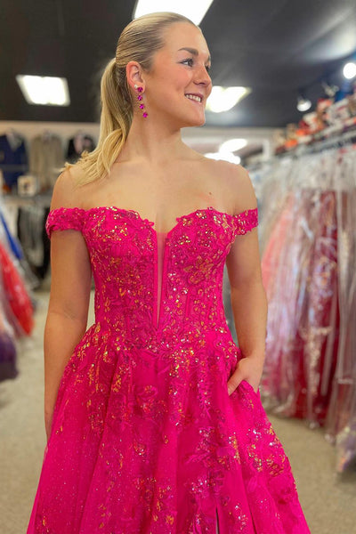 Fuchsia Off the Shoulder Tulle Long Prom Dresses with Appliques MD4012201