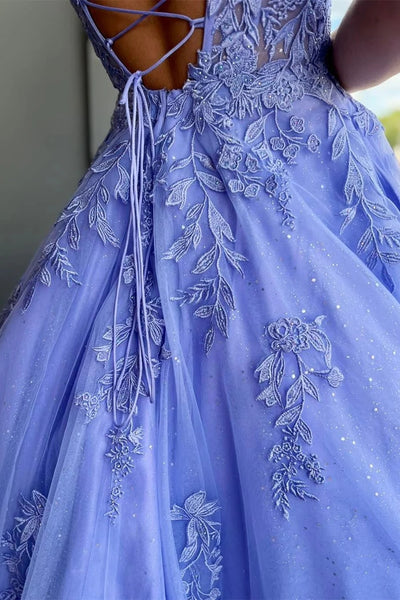Periwinkle Tulle Appliques Lace-Up A-Line Long Prom Dress MD102910