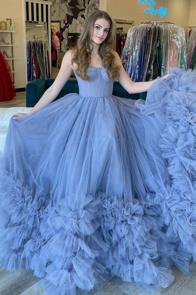 Periwinkle Tulle Strapless Tiered Ball Gown with Ruffles MD092703