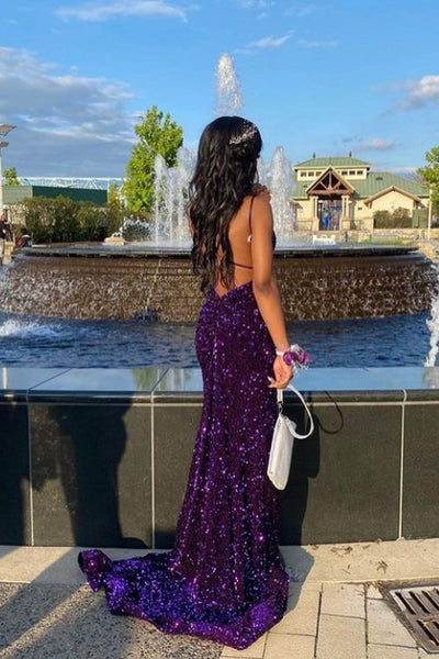 Purple Sequin V Neck Mermaid Long Prom Dresses MD112109