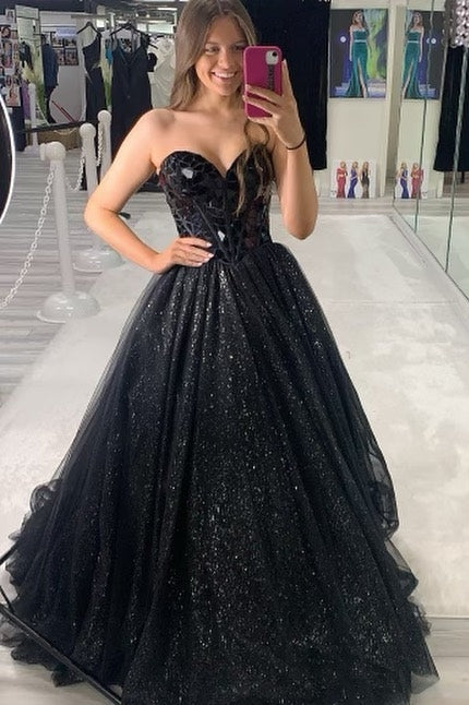 Princess Black Cut Glass Mirror Sweetheart A-Line Long Prom Gown MD092405 Dressmeet Princess Black Cut Glass Mirror Sweetheart A-Line Long Prom Gown MD092405 Dressmeet