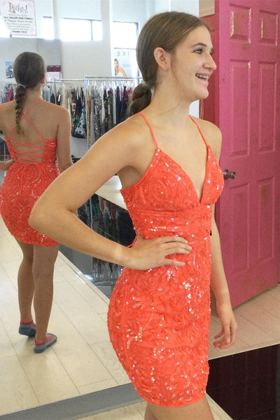 Sexy V-neck Orange Backless Sequined Sleeveless Homecoming Dress With Lace MD092204