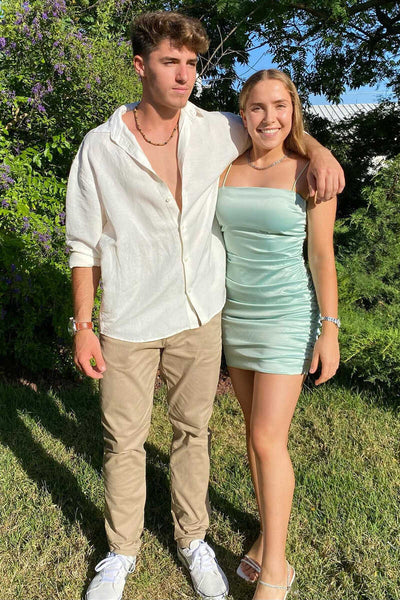 Mint Green Spaghetti Straps Ruched Mini Cocktail Dress Short Homecoming Dresses MD092002