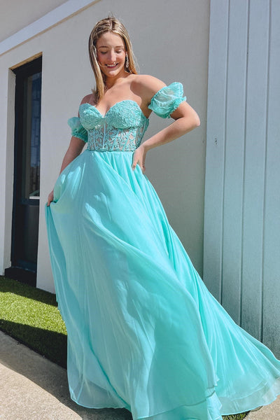 Lilac Chiffon Applique Sweetheart A-Line Prom Dress with Puff Sleeves MD092409