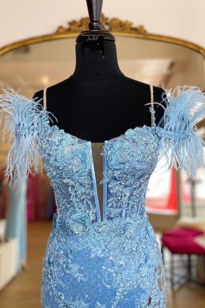 Blue Sequin Appliques Cold-Shoulder Long Prom Gown with Slit MD092709
