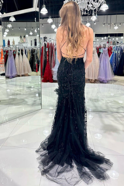Red Tulle Appliques Scoop Neck Lace-Up Mermaid Long Dress MD111204