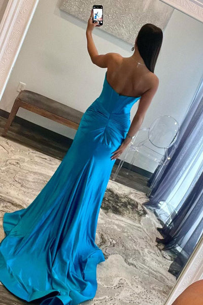 Strapless Blue Satin Keyhole Mermaid Satin Long Prom Dresses with Slit MD4010507