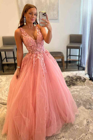 A-Line V Neck Pink Tulle Long Prom Dresses with Appliques MD103103