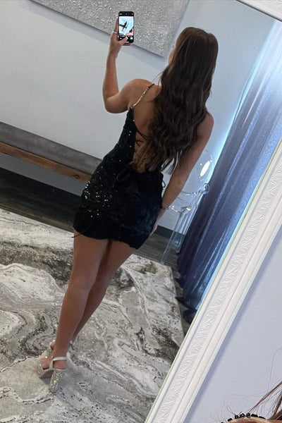 Tight Straps Black Sequin Short Homecoming Dress MD091605