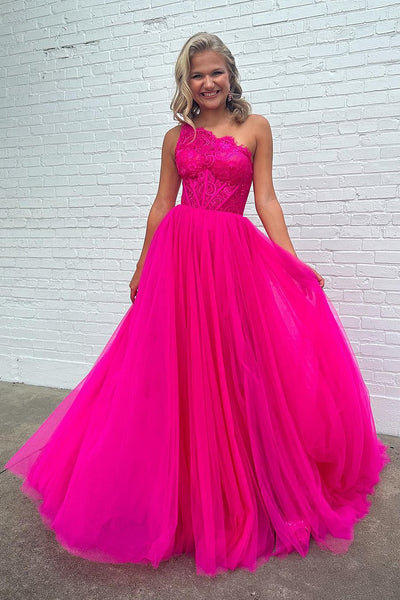 Hot Pink Detachable Long Sleeves A-Line Tulle Long Prom Dress with Lace MD4012305