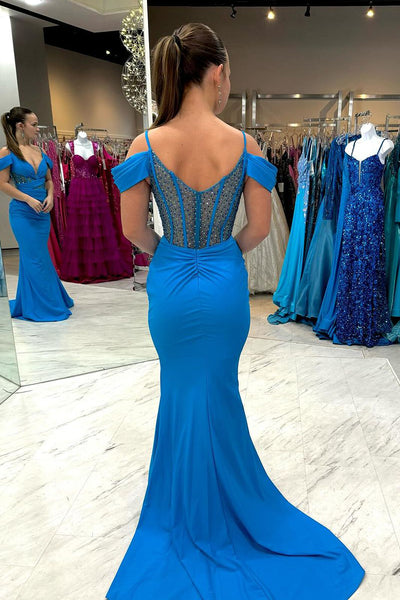 Mermaid Cold Shoulder Blue Satin Long Prom Dress MD4021501