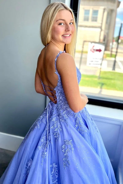 Periwinkle Tulle Appliques Lace-Up A-Line Long Prom Dress MD102910