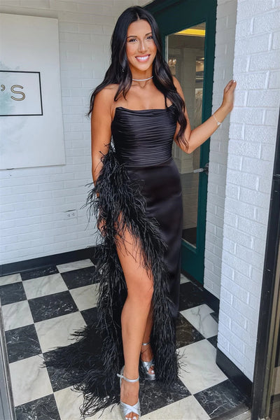 Black Mermaid Strapless Satin Long Prom Dress with Feather-Trimmed Silt MD121905